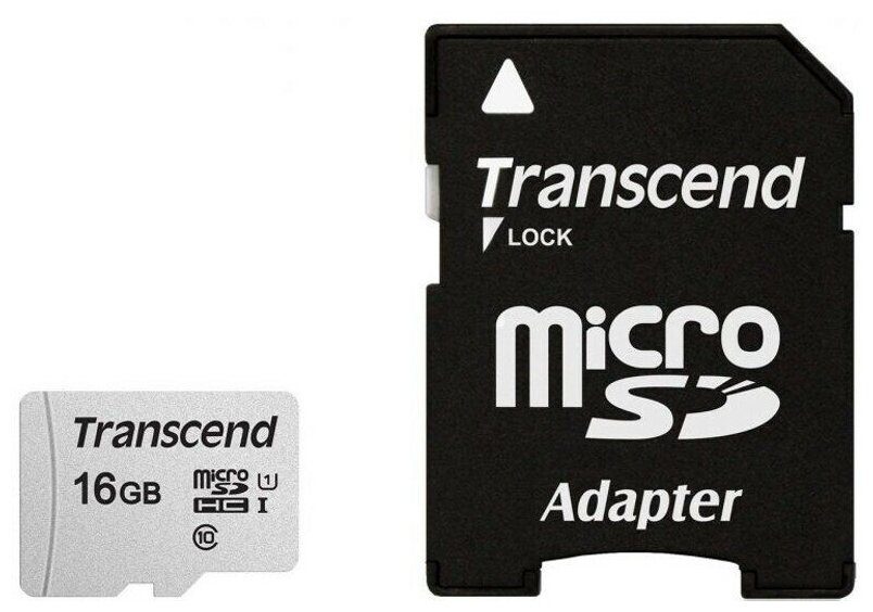 Карта памяти microSDHC UHS-I U1 Transcend 16 ГБ, 95 МБ/с, Class 10, TS16GUSD300S-A, 1 шт, переходник SD