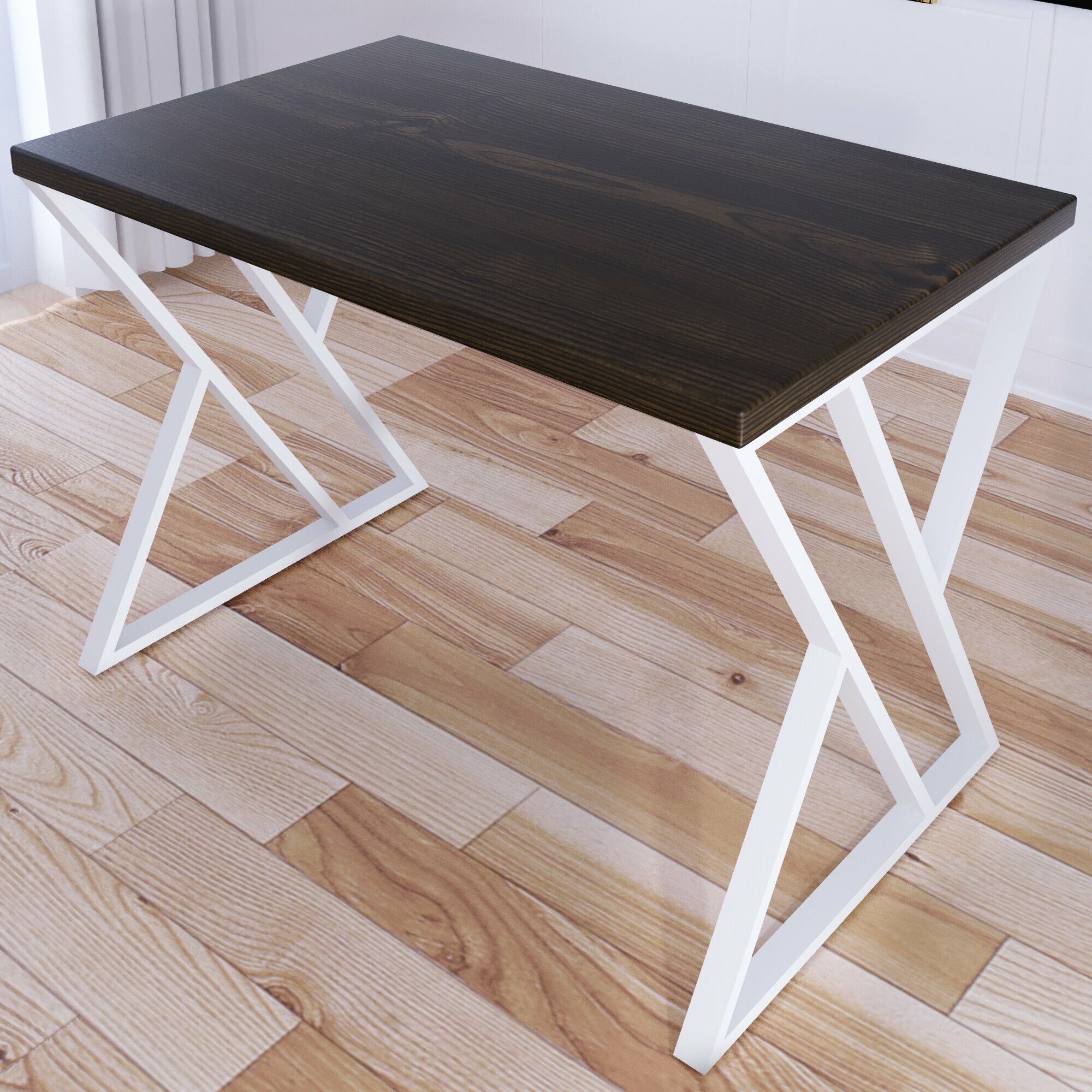 Стол кухонный Loft со столешницей цвета темного дуба из массива сосны 40 мм и белыми металлическими Z-образными ножками, 90х60х75 см - фотография № 4
