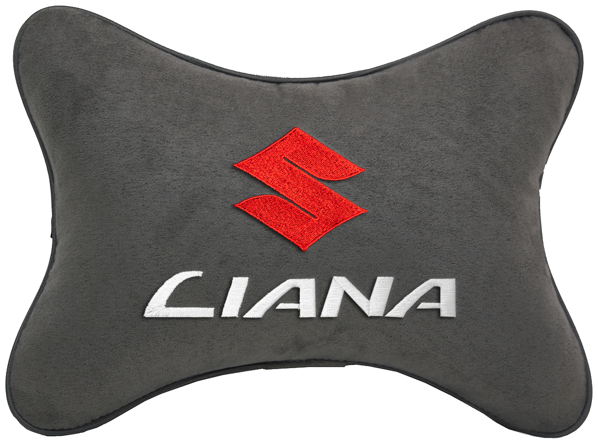 Автомобильная подушка на подголовник алькантара D.Grey с логотипом автомобиля SUZUKI LIANA