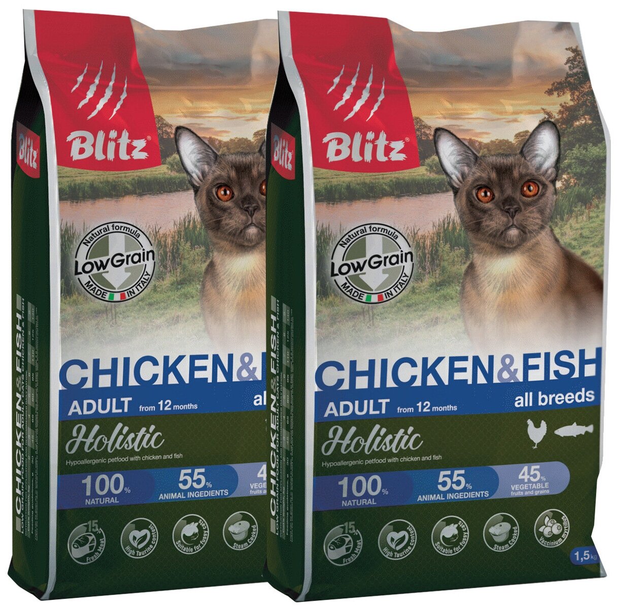 BLITZ HOLISTIC LOW-GRAIN ADULT CAT CHICKEN & FISH низкозерновой для взрослых кошек всех пород с курицей и рыбой (1,5 + 1,5 кг)