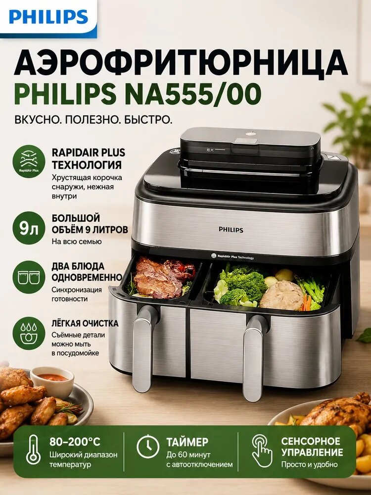 Аэрогриль Philips NA555, черный, серебристый