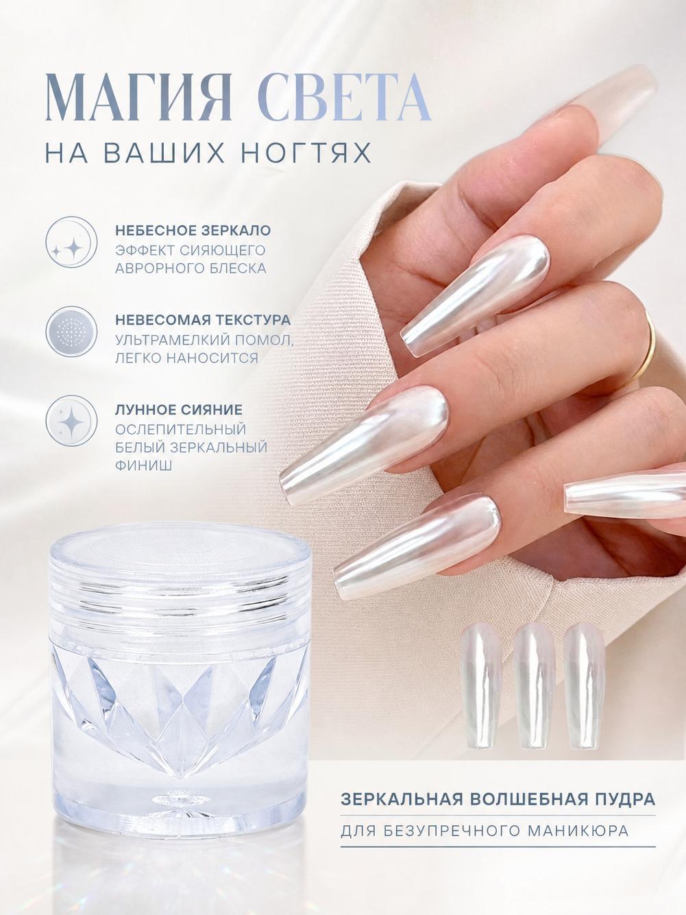 Блестящая пудра для ногтей кошачий глаз (фарфорово-белая, мелкая)