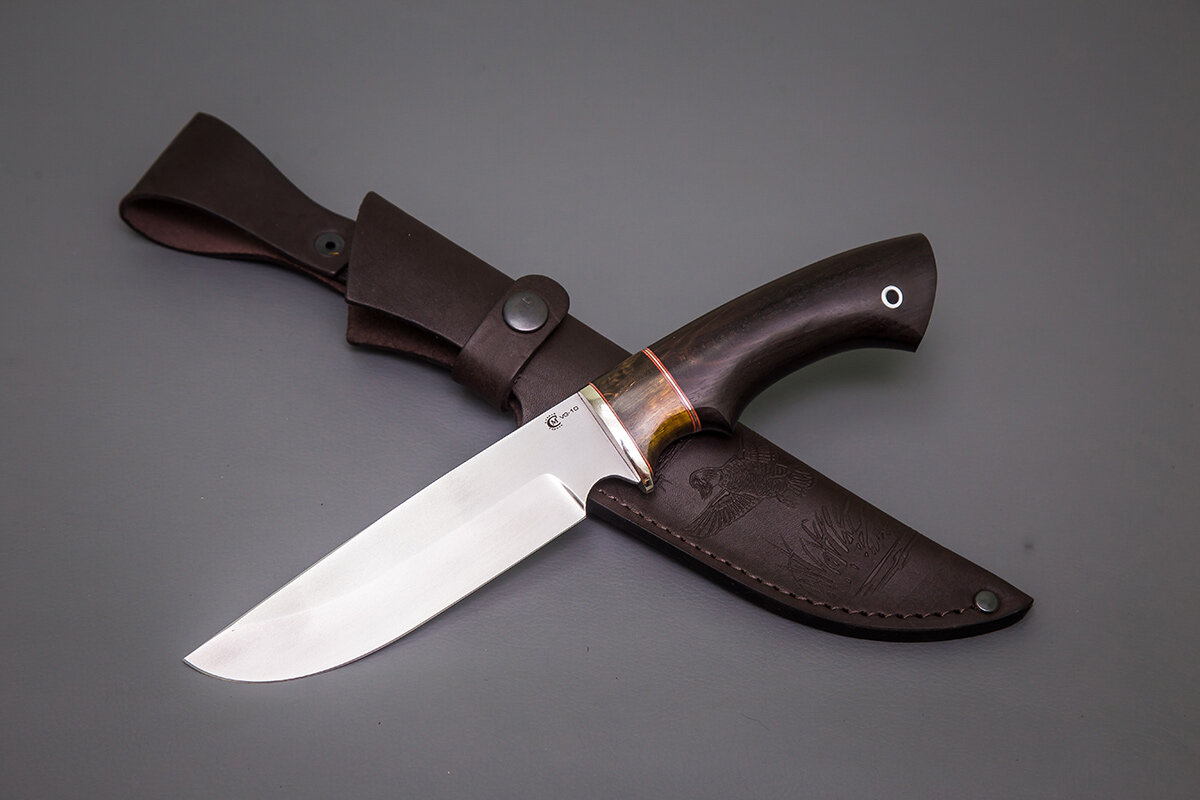 Нож из стали VG-10 «Лорд», рукоять литье мельхиор, стабилизированная карельская береза, черный граб - Кузница Сёмина