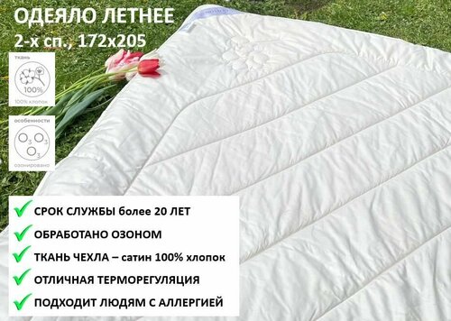 Одеяло летнее ORGANIC/коттон, 2-х сп, 172х205, ультратонкое, наполнитель хлопковый пласт, чехол натуральный хлопок сатин