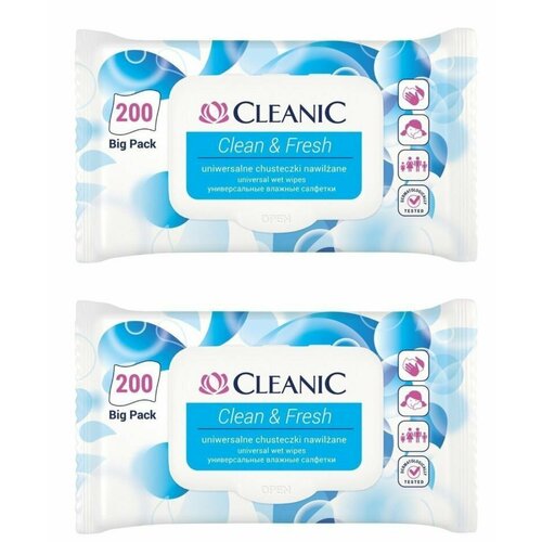 Cleanic Влажные салфетки универсальные Clean&Fresh, 200 шт, 2 уп / влажные салфетки fresh royal универсальные 150 шт