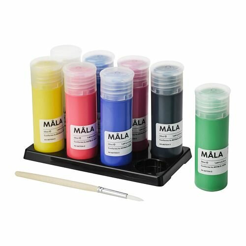 Краски-гуашь Мала Икеа, набор красок Ikea Mala, разноцветные, 8 шт, палитра и кисть — фото 1
