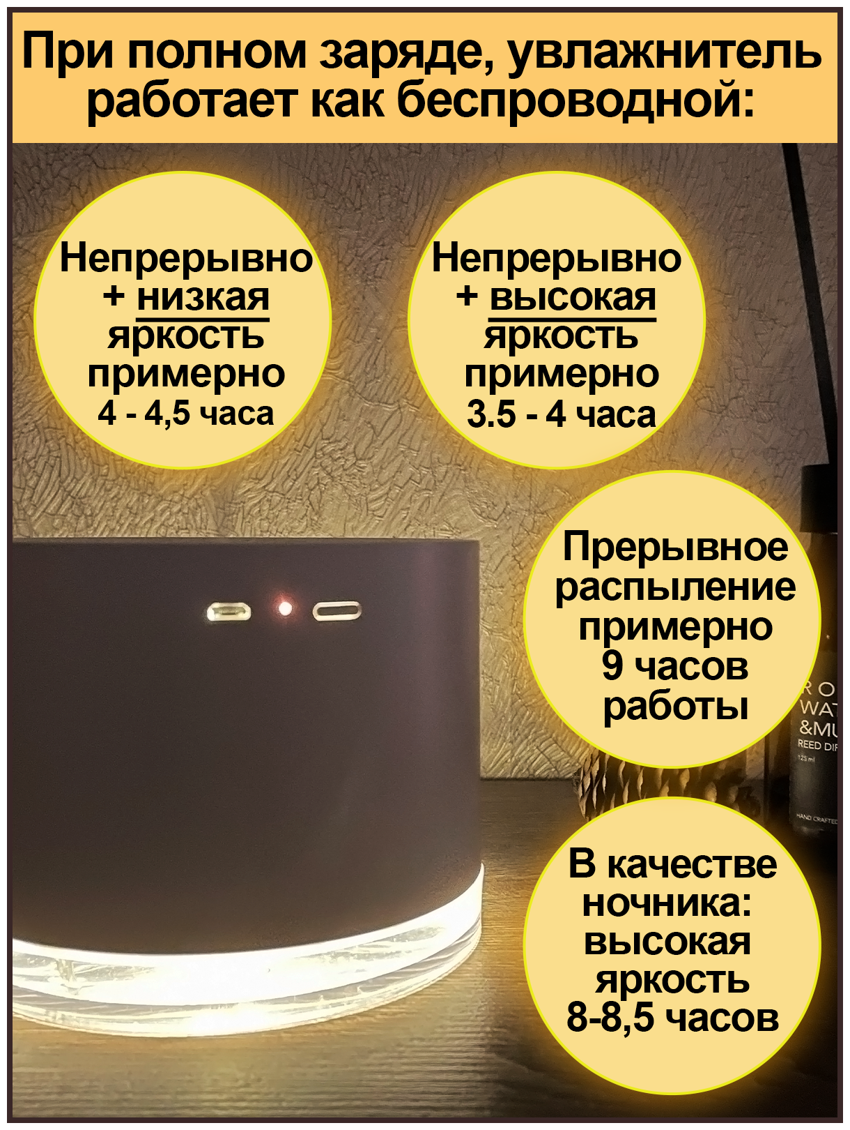 Увлажнитель воздуха/увлажнитель аккумуляторный/с функцией подсветки (круглый, белый) - фотография № 3