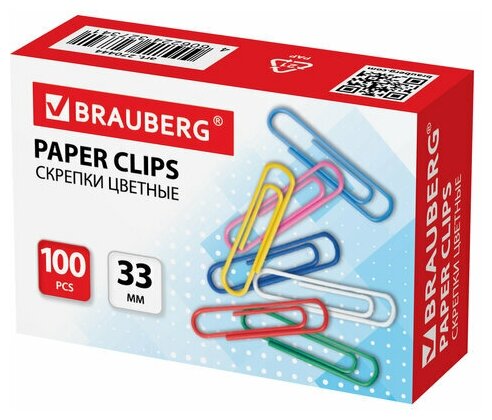 Скрепки Brauberg (33мм, цветные) картонная упаковка, 100шт, 20 уп. (270444)