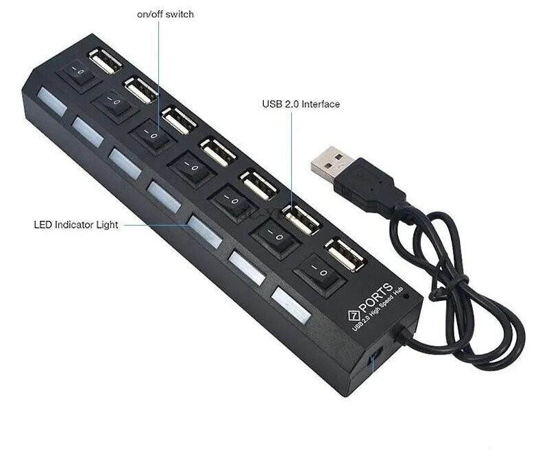 USB Hub разветвитель на 7 USB с выключателями (Черный)