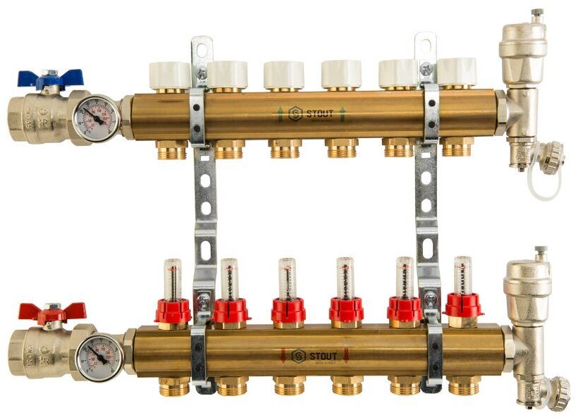 STOUT Распределительный коллектор 9 контуров из латуни с расходомерами
