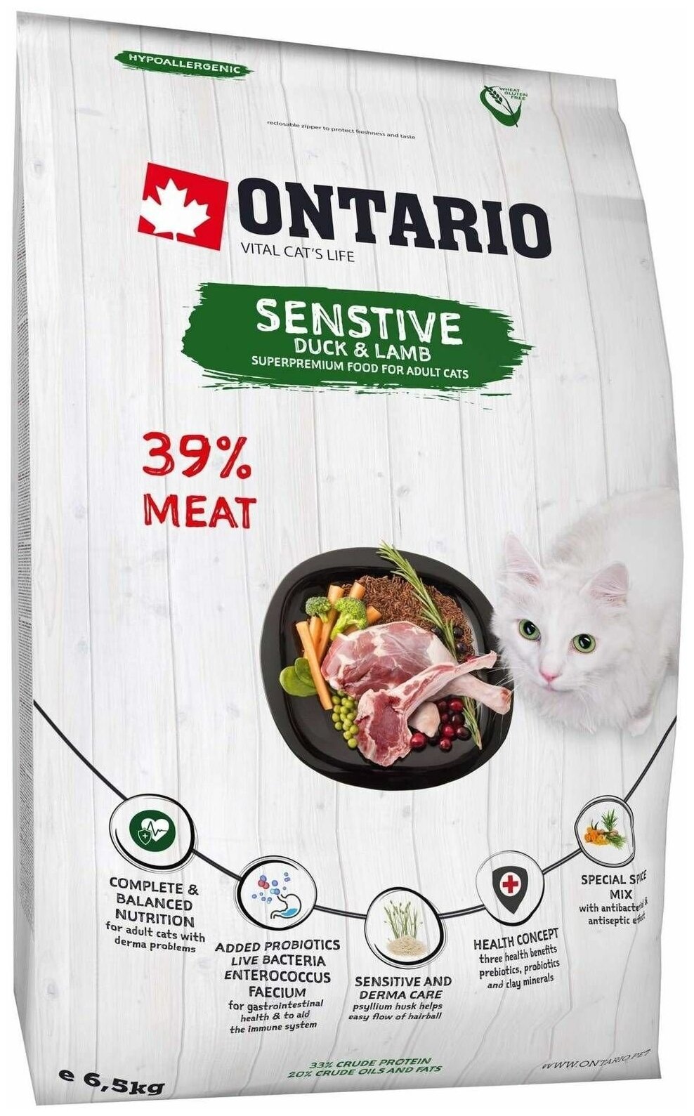 Корм Ontario Sensitive для кошек с чувствительным пищеварением, с уткой и ягненком, 400 г - фотография № 1