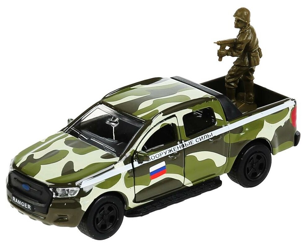 Модель машины Технопарк Ford Ranger пикап, армейский, с фигуркой, инерционная SB-18-09-FR-M+FG-WB