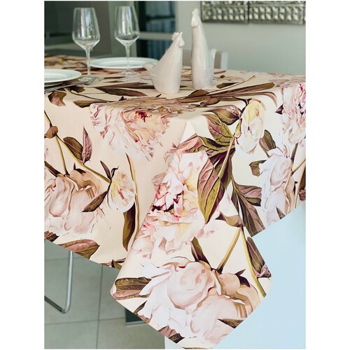 Скатерть Пионы Beige 145х300 с пропиткой вгмо
