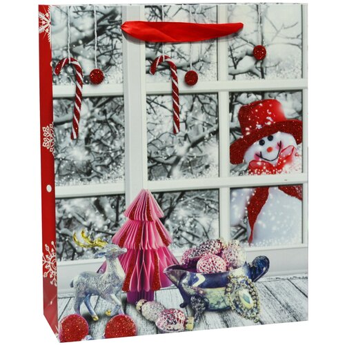фото Пакет подарочный, снеговичок за окном, с блестками, 40*31*12 см, 1 шт. дон баллон