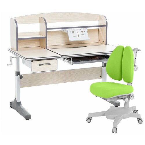 Комплект Anatomica Smart-50 парта + кресло + надстройка + подставка для книг белый/серый с зеленым креслом Armata Duos
