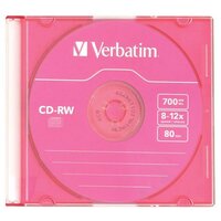 Оптический диск CD-RW VERBATIM 700Мб 12x, 1шт, 43167, slim case, разноцветные