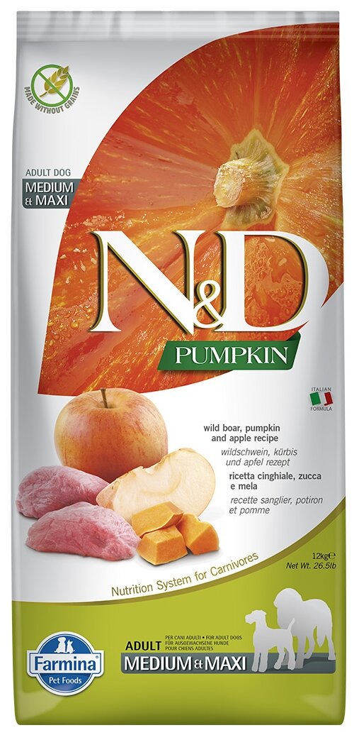 Сухой корм для собак Farmina N&D Pumpkin беззерновой дикий кабан с тыквой с яблоком