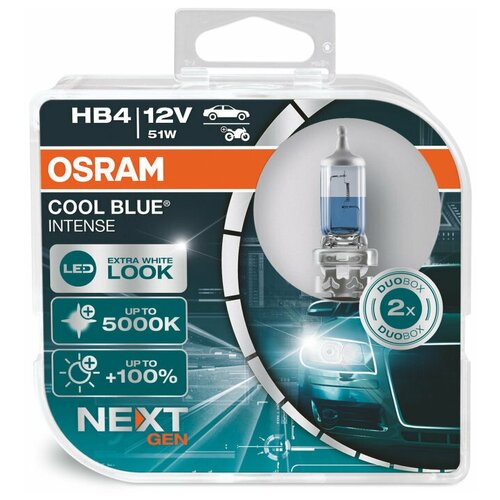 Лампа автомобильная галогеновая HB4 OSRAM Cool Blue Intense Next 5000K 12V 51W P22d (комплект 2 шт.) 9006CBN-HCB