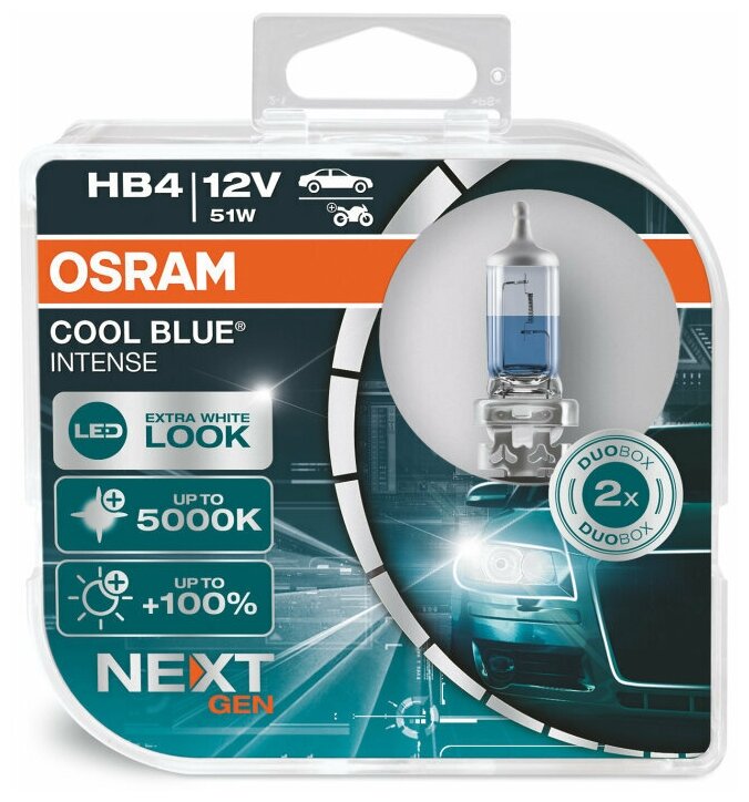 Лампа автомобильная галогеновая HB4 OSRAM Cool Blue Intense Next 5000K 12V 51W P22d (комплект 2 шт.) 9006CBN-HCB