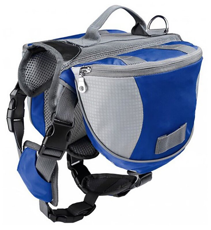 Шлейка для собак светоотражающая с рюкзаком и карманами на спину (сумка-седло), размер M синяя
