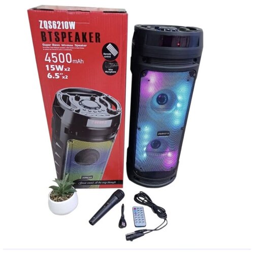 Беспроводная колонка BTS ZQS 6210W с микрофоном для караоке FM-радио и MP3 с подсветкой черный матовый 649000₽