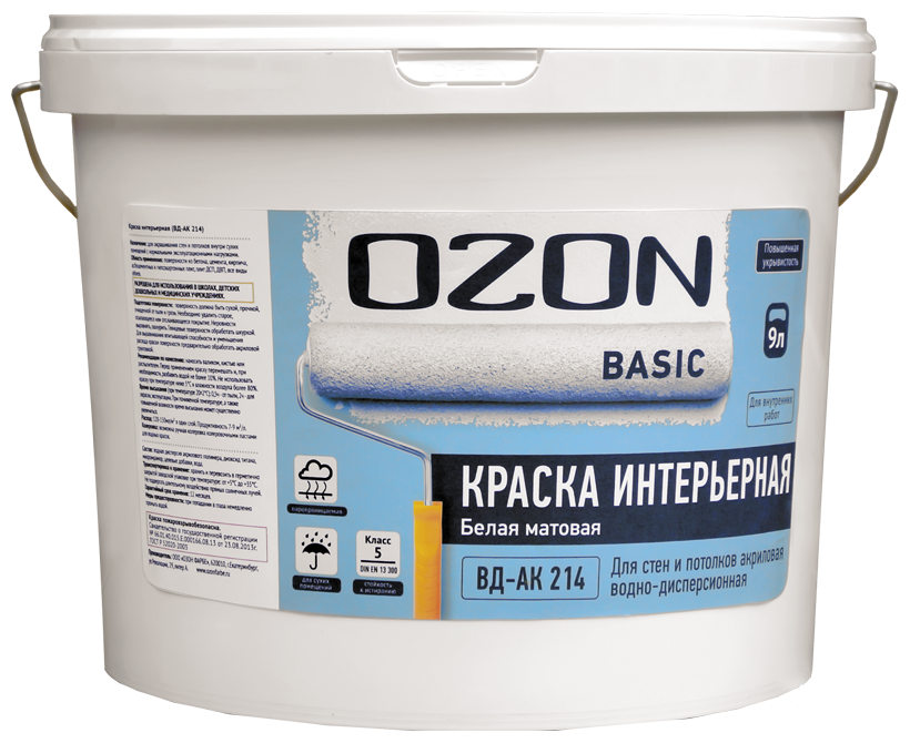 Краски интерьерные OZON Краска для стен и потолков акриловая OZON Basic ВД-АК-214С-13 С (бесцветная) 9л обычная