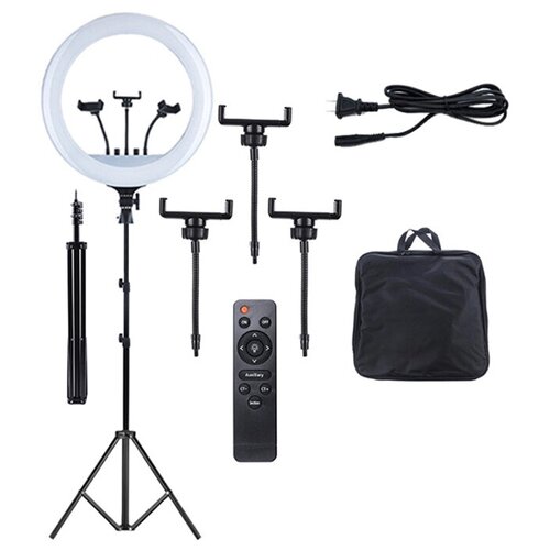 Кольцевая лампа с регулируемым штативом 2м и пультом ДУ диаметр 46 см 3 режима три держателя для смартфона 529000₽
