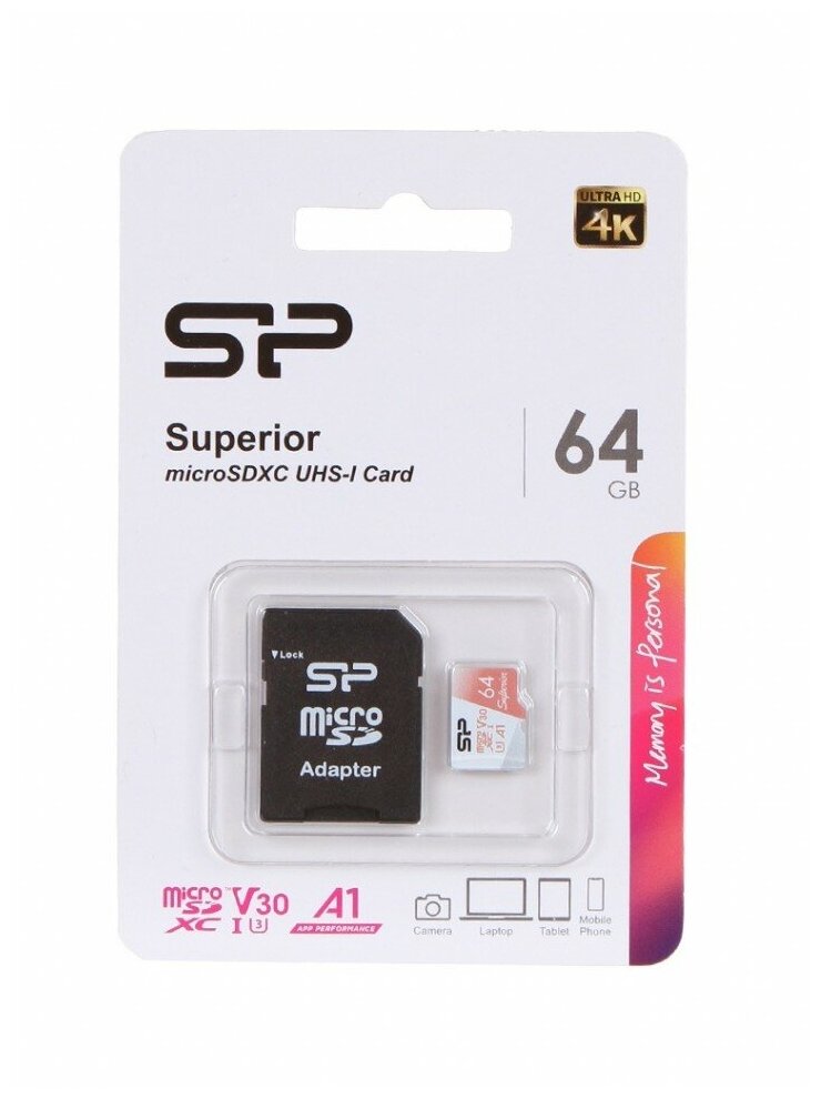 Карта памяти Silicon Power Superior A1 MicroSDXC 64Gb Class 10 (SP064GBSTXDV3V20SP) + адаптером SD - фото №3