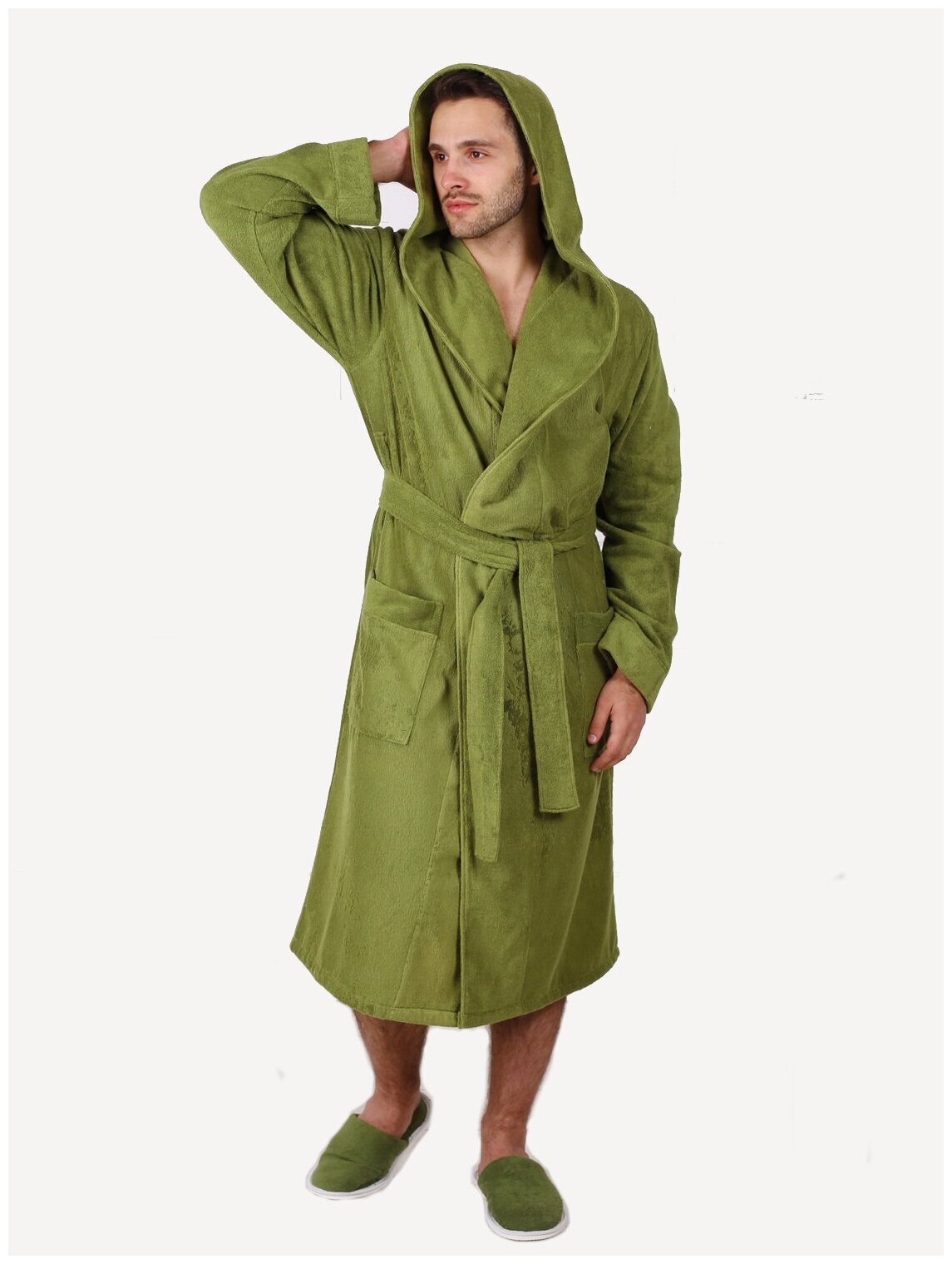 Мужской махровый халат с капюшоном, хаки - фотография № 6