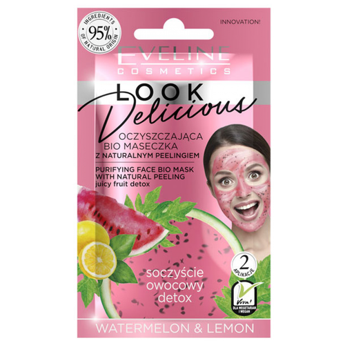 Очищающая bio маска для лица с натуральным скрабом EVELINE Watermelon & Lemon. Look Delicious, 10 мл маска для лица eveline look delicious с натуральным пилингом арбуз и лимон очищающая 10 мл