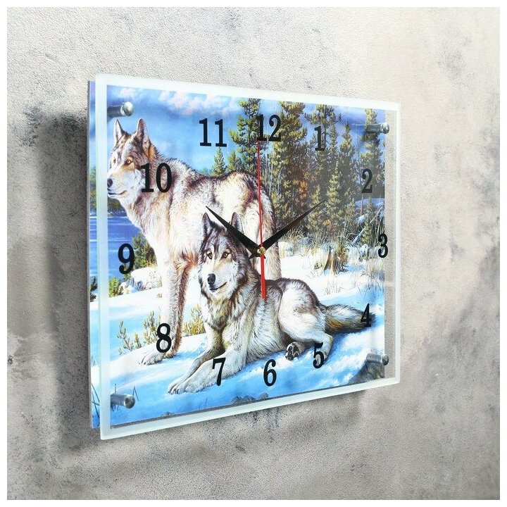 Часы настенные, серия: Животный мир, "Волки в Зимнем Лесу", 30х40 см 1639628