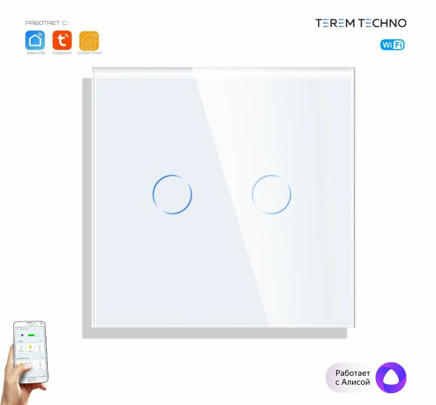 Умный WiFi выключатель Terem Techno с Алисой с нулем и без нуля двойной сенсорный с металлической рамкой белый с таймером и голосовым управлением Tuya / Smart Life / Digma умным домом