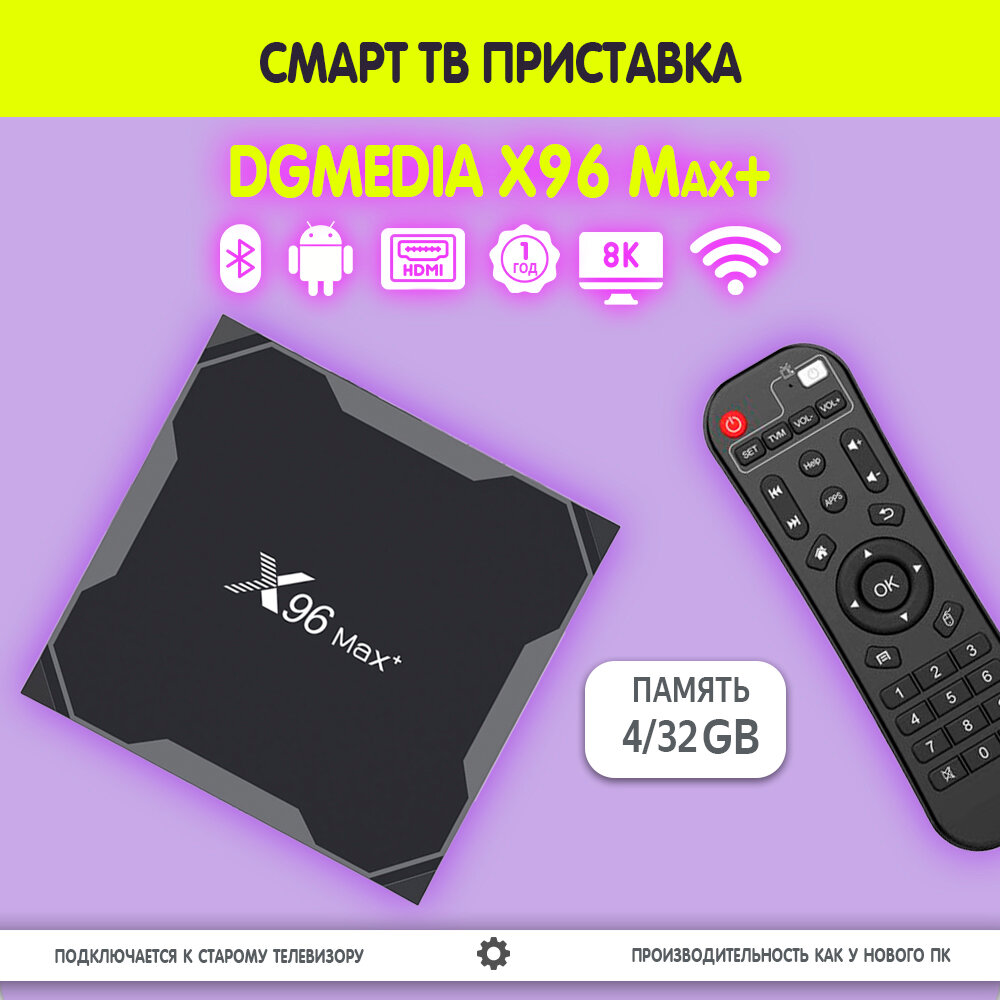 Смарт ТВ приставка DGMedia X96 Max+, Андроид медиаплеер 4/32 Гб, Wi-Fi, 4K, Amlogic S905X3