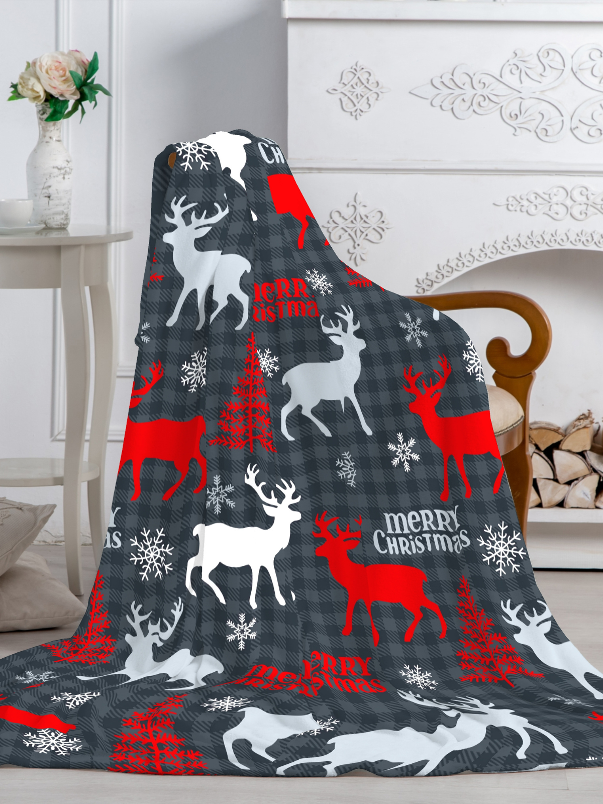 фото Плед новогодний Павлина Олени красно-белые, 150х200