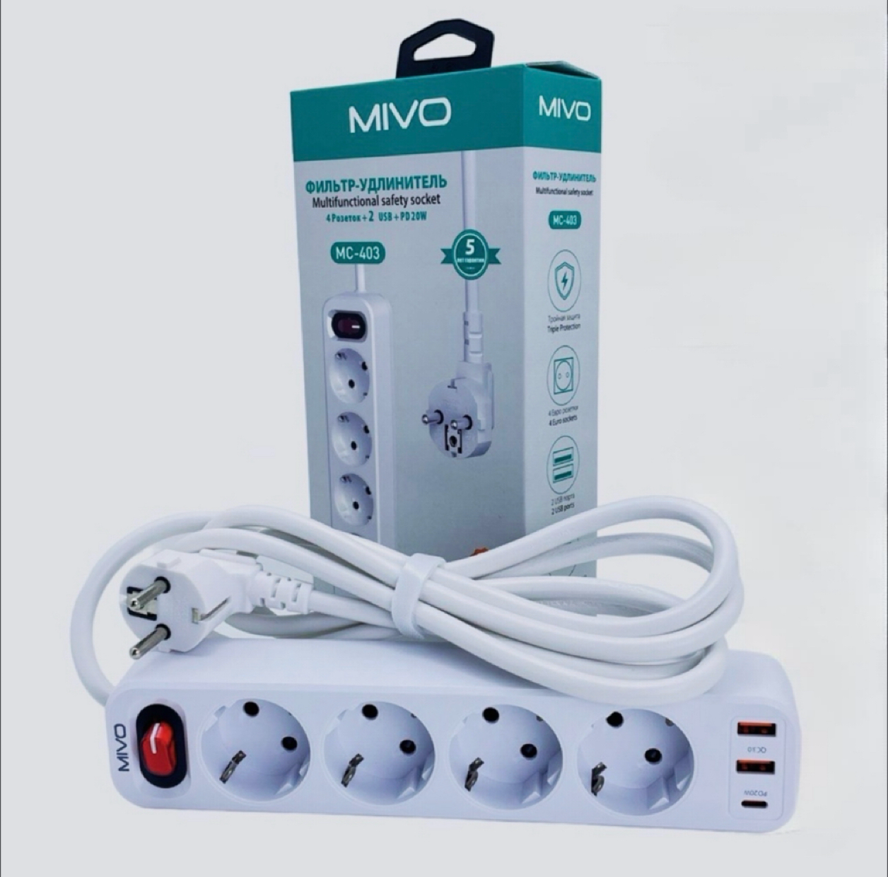 Фильтр-удлинитель Mivo MC-403 4 розетки+2 USB+ Туре-С