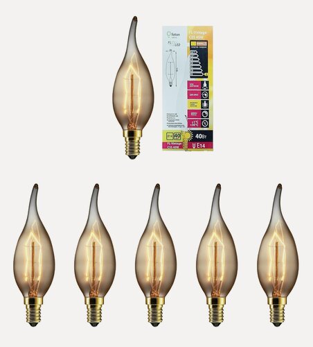 Изображение товара 5шт/уп. Лампа Накаливания Свечка 40Вт 220V E14 D-35mm L-118mm Диммируемая Vintage Ретролампа Свет Теплый белый Foton Lighting, уп. 5шт