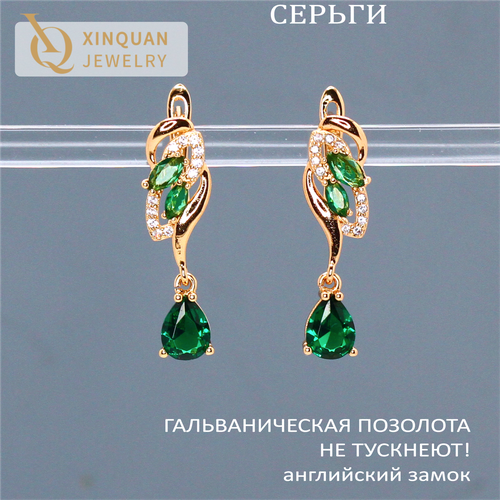 фото Серьги xinquan jewelry, кристалл, фианит, размер 30 мм, золотой, бесцветный, зеленый