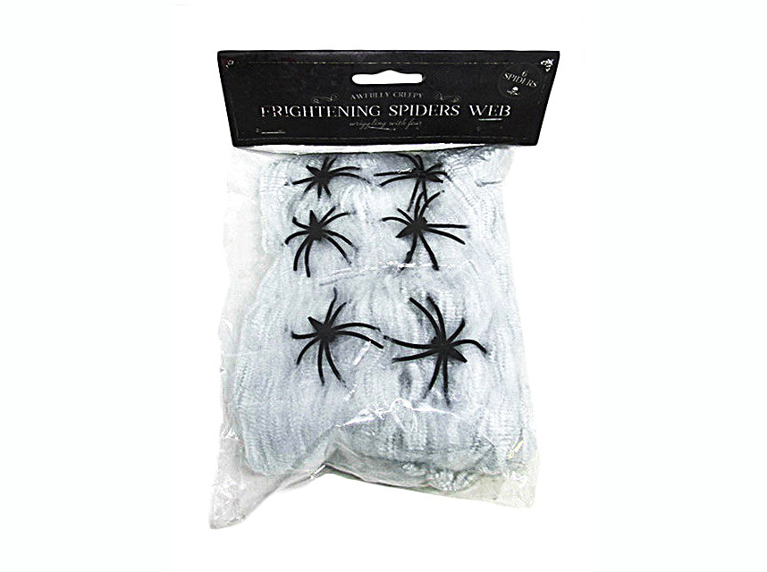 Паутина белая + 6 пауков FRIGHTENING SPIDER WEB, белый полиэстер, пластмасса, без размера