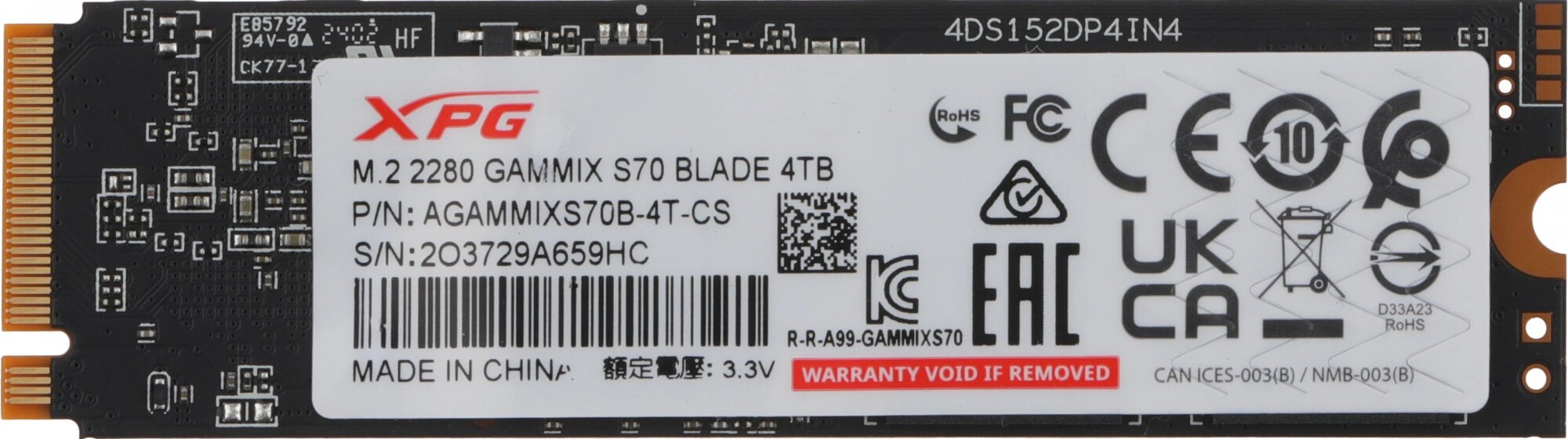 Накопитель SSD A-Data PCIe 4.0 x4 4TB AGAMMIXS70B-4T-CS XPG Gammix S70 Blade M.2 2280 — фото 1