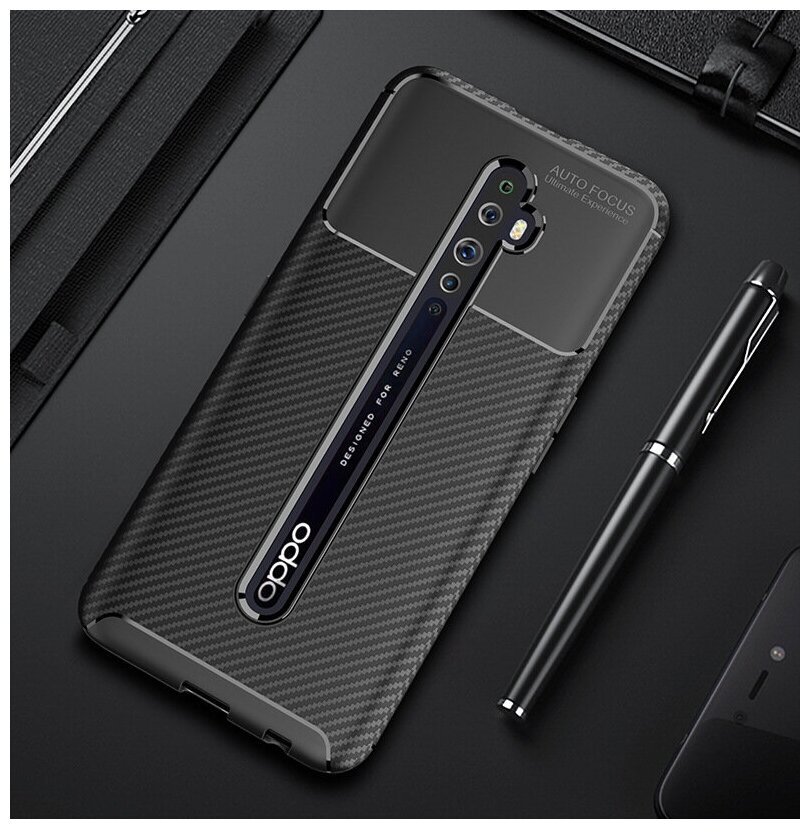 Чехол панель-бампер MyPads для Oppo Reno 2Z из прочного силикона с матовой отделкой «под карбон» черная — фото 1