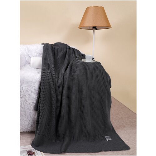 Плед вязаный, Warm Whiff, R-08, джинсовый, 240x260, хлопок, покрывало для подростка, сна, накидка на диван, большой, тонкий, натуральный