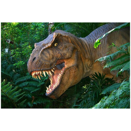 Фотообои Уютная стена Динозавр в джунглях 410х270 см Виниловые Бесшовные (единым полотном)