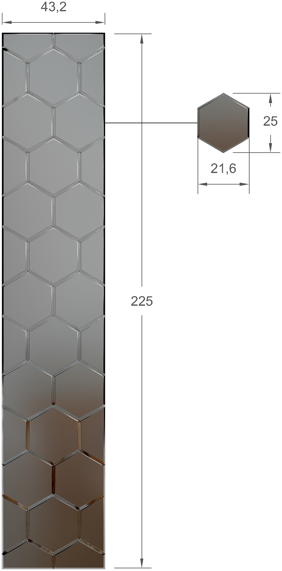 Зеркальная плитка ДСТ, панно на стену 43.2х225 см, цвет графит матовый, форма сота 25х21.6 см. - фотография № 1