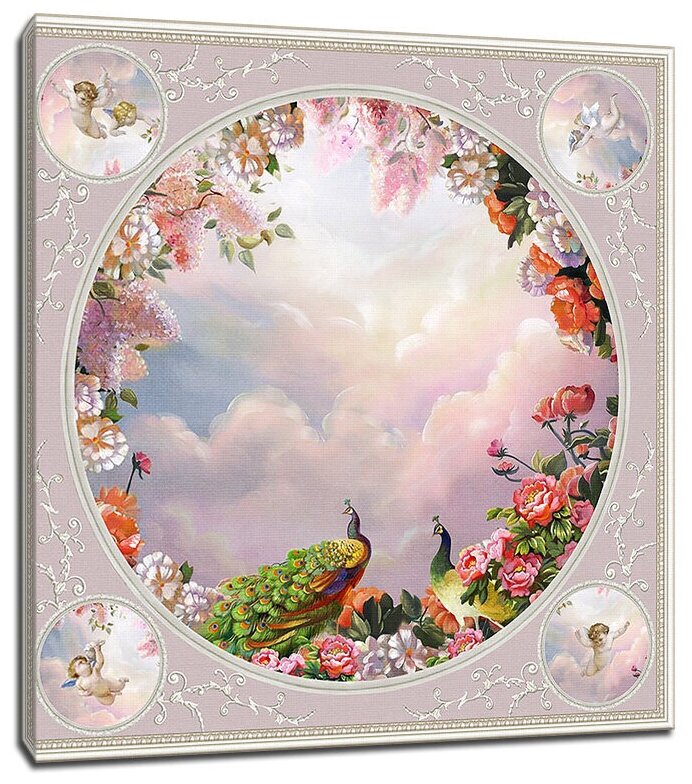 Картина Уютная стена "Павлины среди цветов и ангелом" 60х60 см
