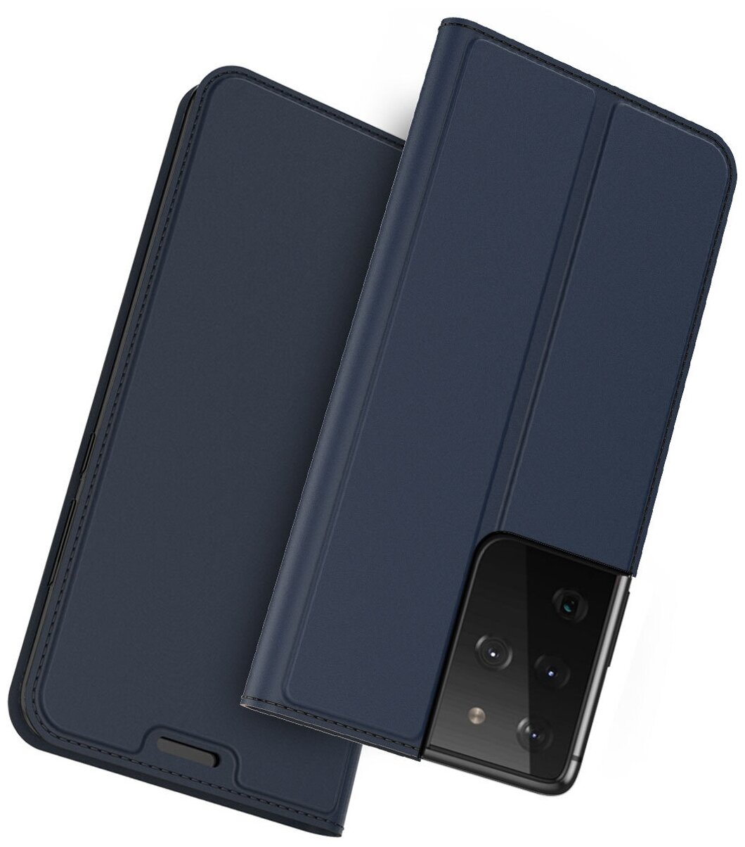 Чехол-книжка MyPads для Samsung Galaxy S21 Ultra водоотталкивающий с мульти-подставкой на жесткой металлической основе синий