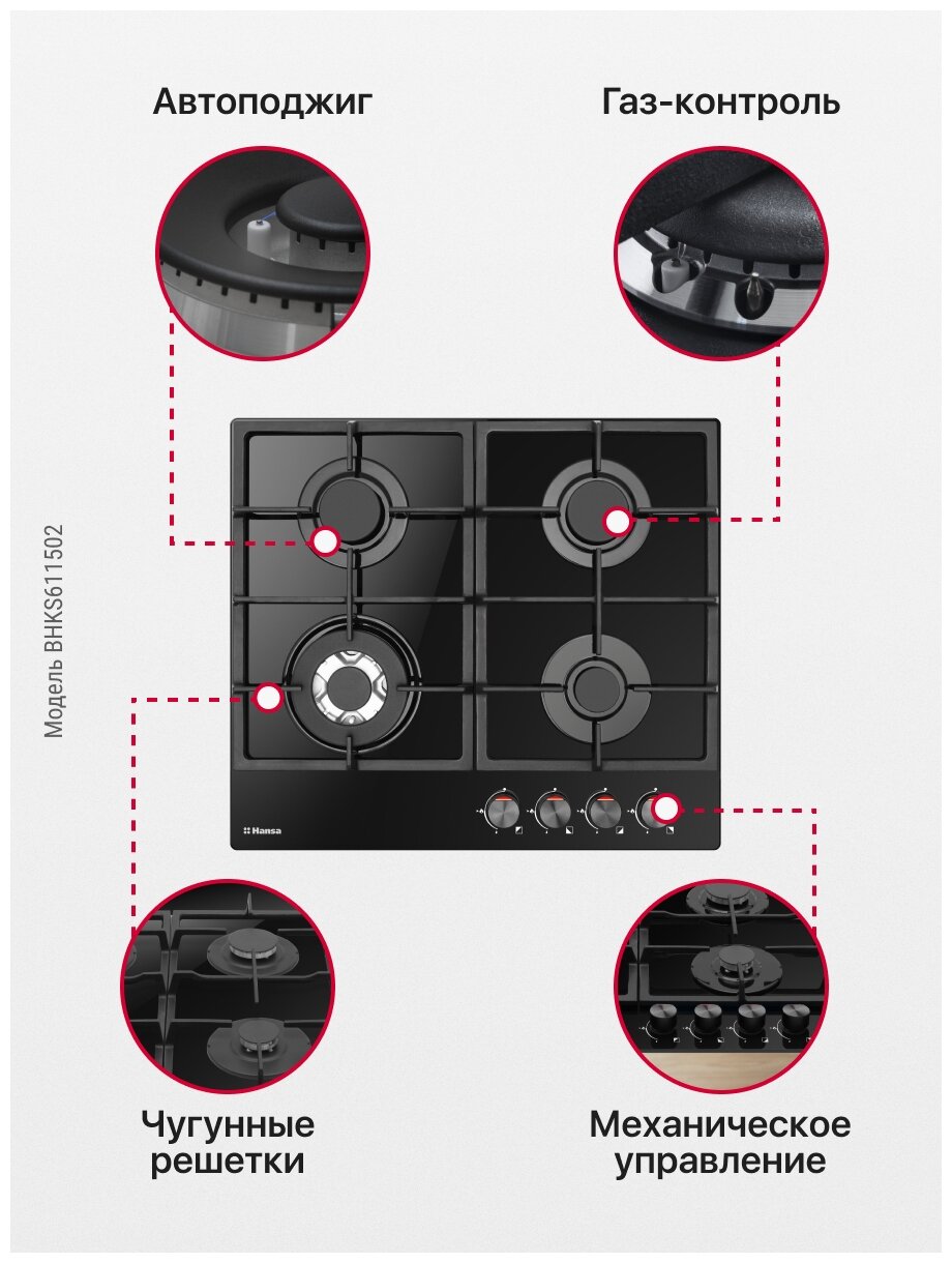 Поверхность газовая Hansa BHKS611502 (новинка.WOK.газ на стекл.подж.газ контр.чугун.чёрн) - фотография № 9