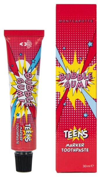 Зубная паста - маркер MontCarotte Bubble Gum, со вкусом жвачки, индикатор зубного налета, 2 в 1, обучение чистки зубов, 30 мл, Монткаротт, Италия