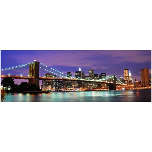 Фотообои Уютная стена Ночной пейзаж с Бруклинским мостом над рекой Гудзон 790х270 см Бесшовные Премиум (единым полотном)