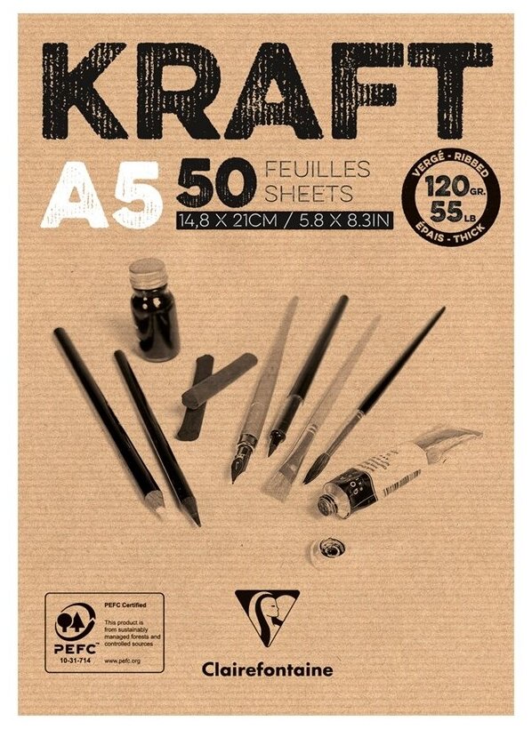Комплект 7 шт Скетчбук - блокнот 50л А5 Clairefontaine "Kraft" на склейке верже крафт 120г/м2