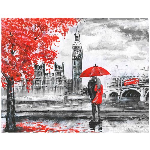 Фотообои Уютная стена Мужчина и женщина под красным зонтом в Лондоне 350х270 см Бесшовные Премиум (единым полотном)